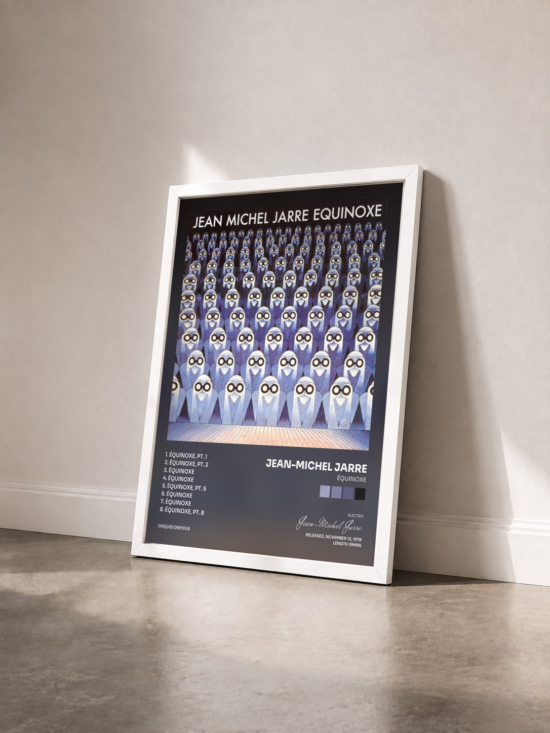 #blanc Tableau de l'album Équinoxe de Jean-Michel Jarre vu de trois quarts, cadre blanc