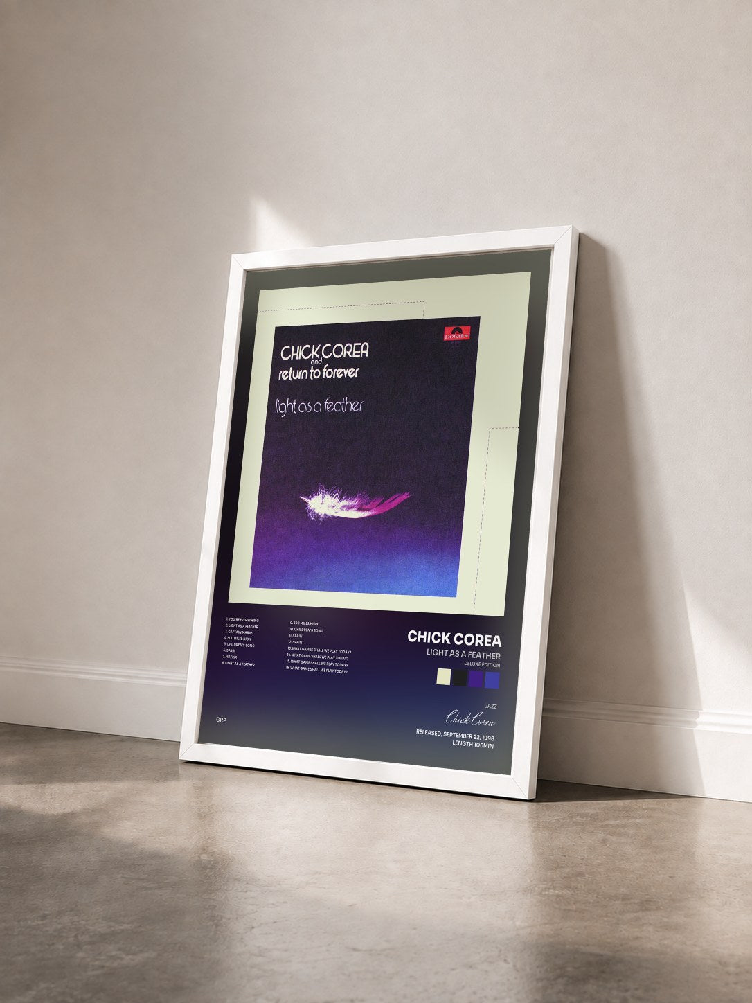 #blanc Tableau de l'album Light As A Feather (Deluxe Edition) de Chick Corea vu de trois quarts, cadre blanc