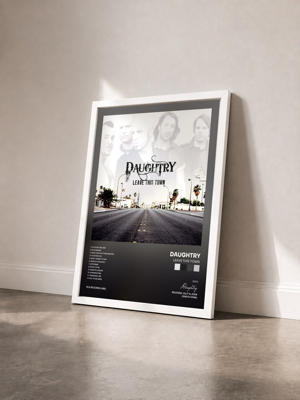 #blanc Leave This Town by Daughtry as a framed art print seen at an angle, white frame