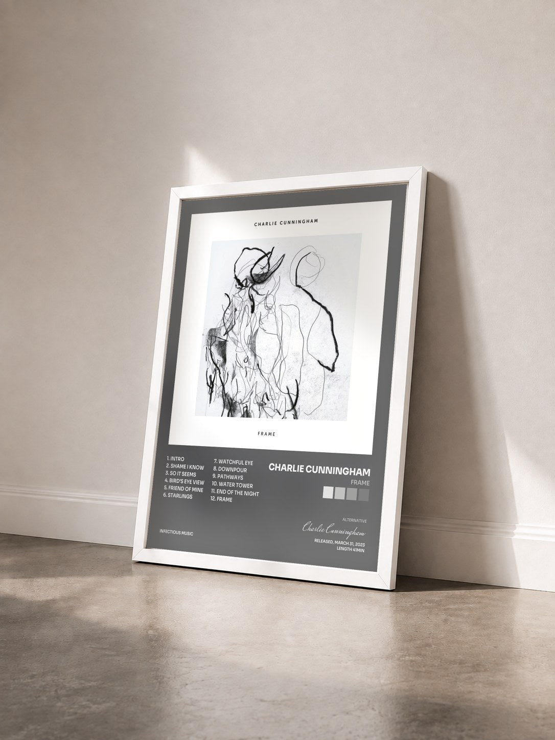 #blanc Tableau de l'album Frame de Charlie Cunningham vu de trois quarts, cadre blanc