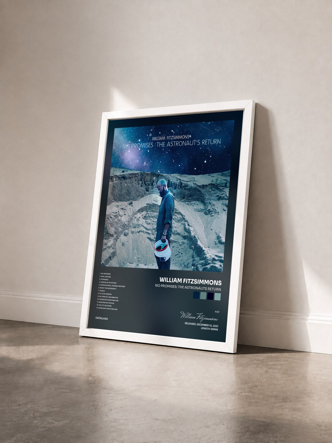 #blanc Tableau de l'album No Promises: The Astronauts Return de William Fitzsimmons vu de trois quarts, cadre blanc