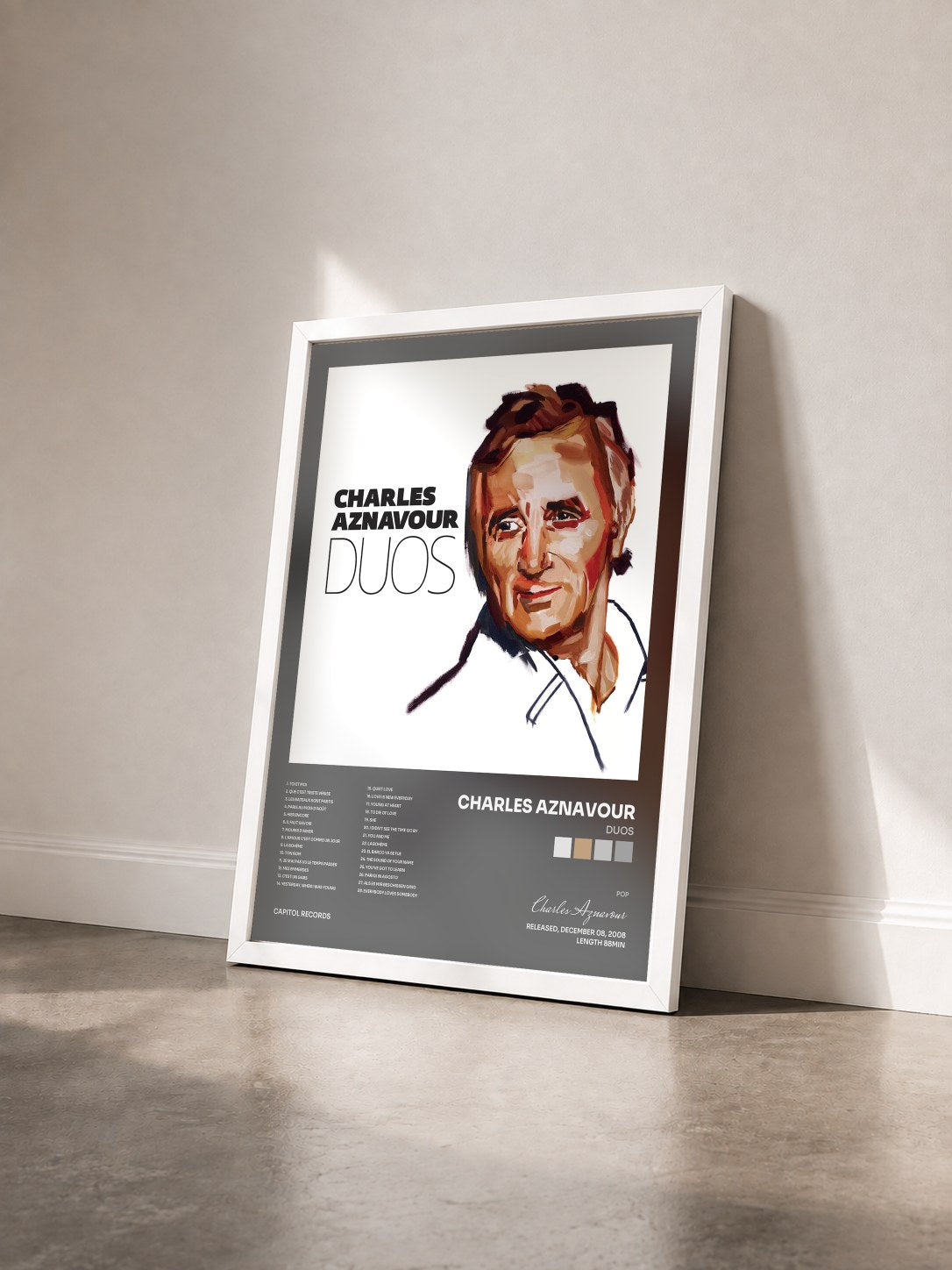 #blanc Tableau de l'album Duos de Charles Aznavour vu de trois quarts, cadre blanc
