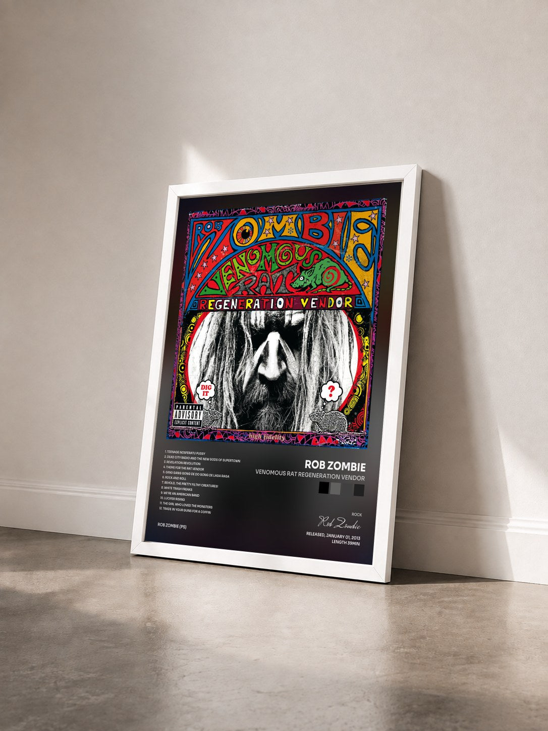 #blanc Tableau de l'album Venomous Rat Regeneration Vendor de Rob Zombie vu de trois quarts, cadre blanc
