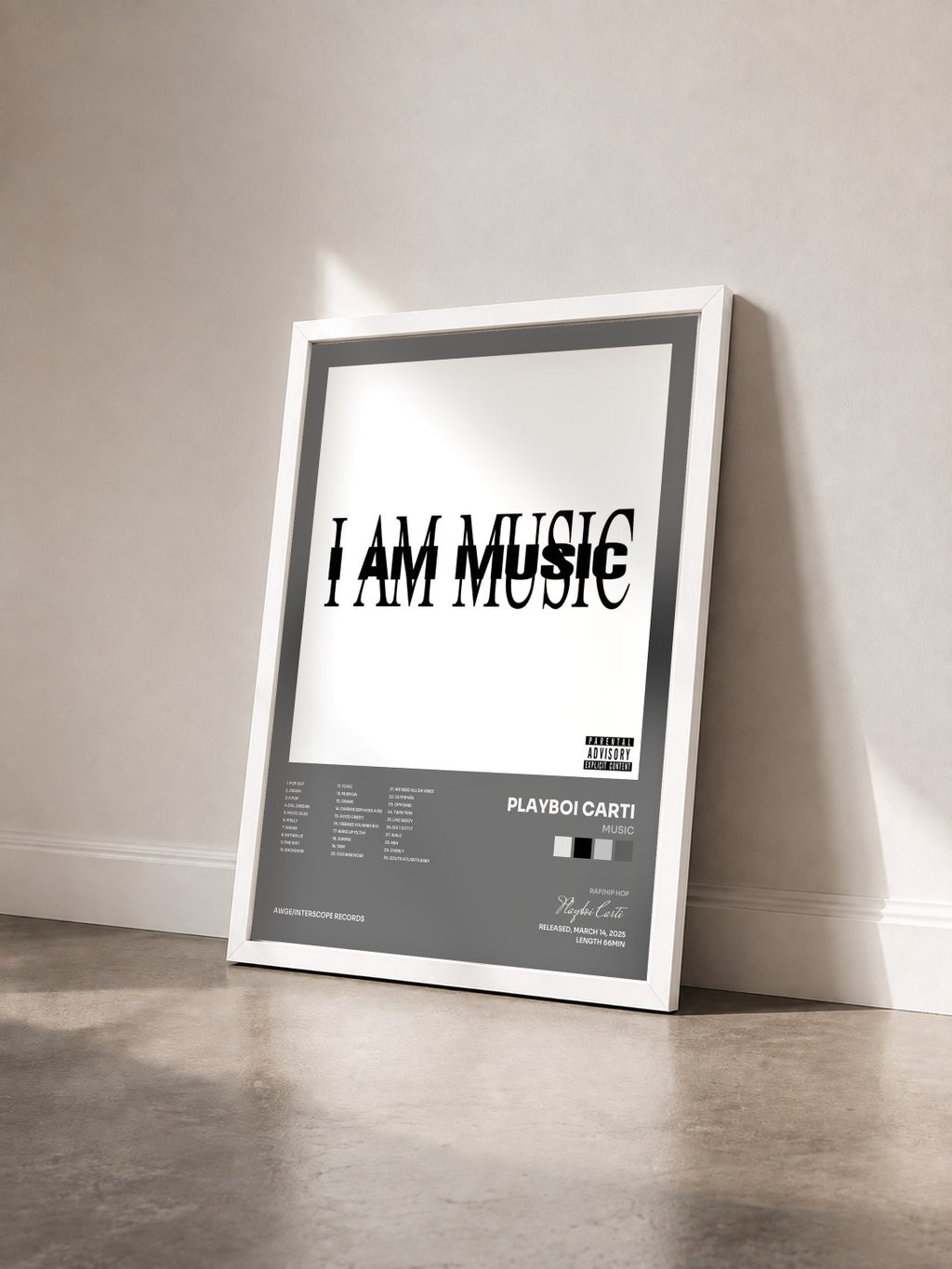 #blanc Tableau de l'album MUSIC de Playboi Carti vu de trois quarts, cadre blanc