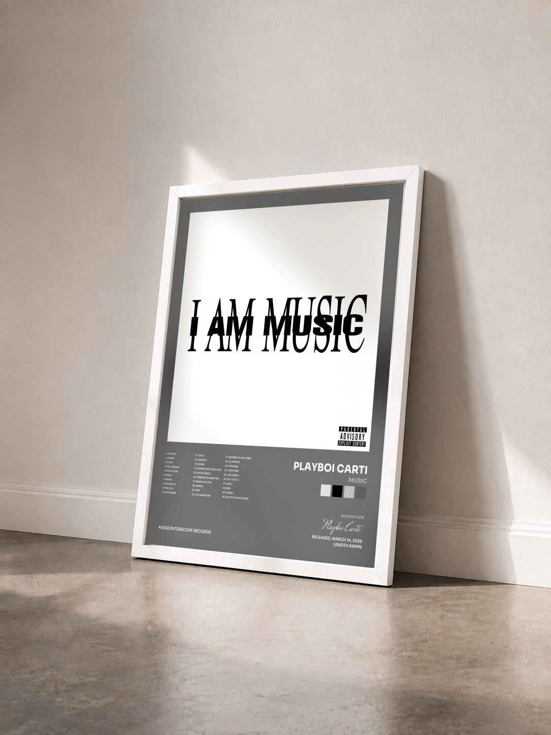 #blanc MUSIC by Playboi Carti as a framed art print seen at an angle, white frame