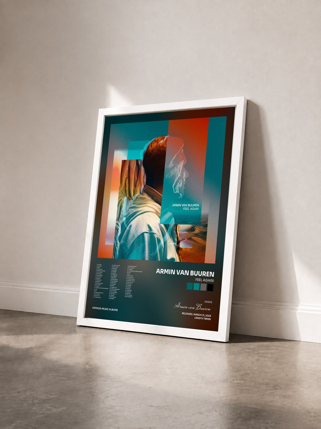 #blanc Tableau de l'album Feel Again de Armin van Buuren vu de trois quarts, cadre blanc