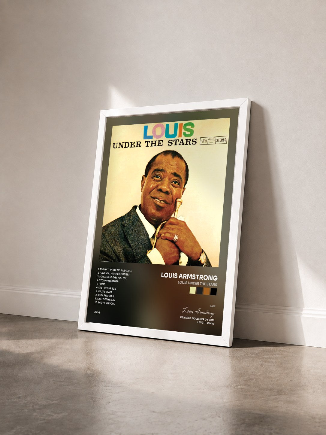 #blanc Tableau de l'album Louis Under The Stars de Louis Armstrong vu de trois quarts, cadre blanc