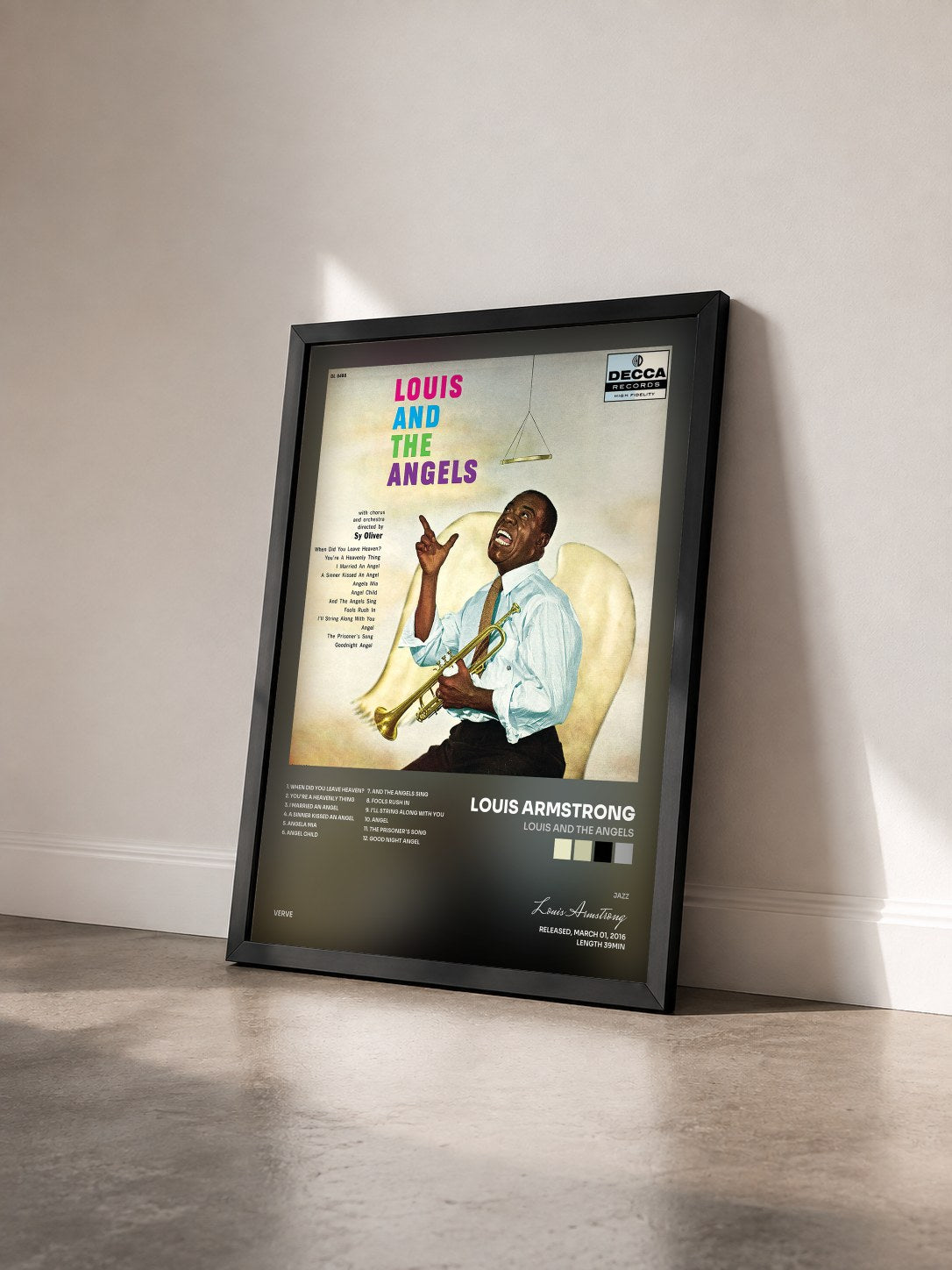 #noir Tableau de l'album Louis and the Angels de Louis Armstrong vu de trois quarts, cadre noir