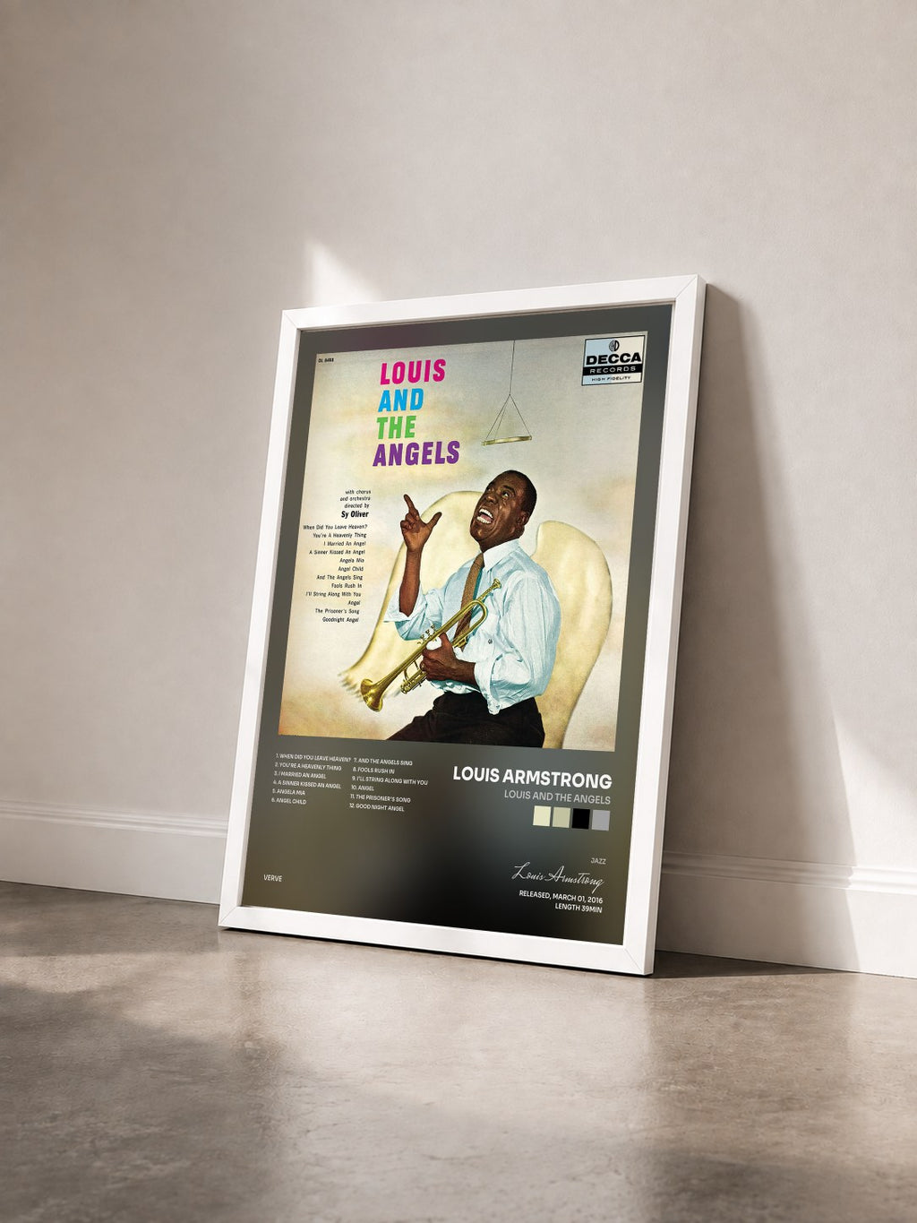 #blanc Tableau de l'album Louis and the Angels de Louis Armstrong vu de trois quarts, cadre blanc