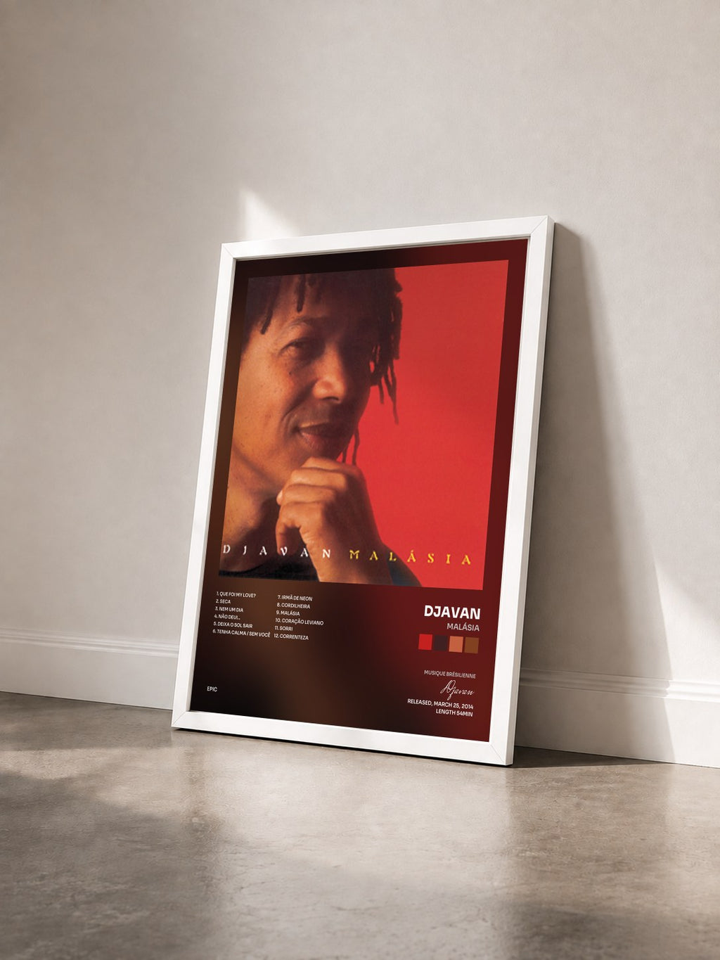 #blanc Tableau de l'album Malásia de Djavan vu de trois quarts, cadre blanc