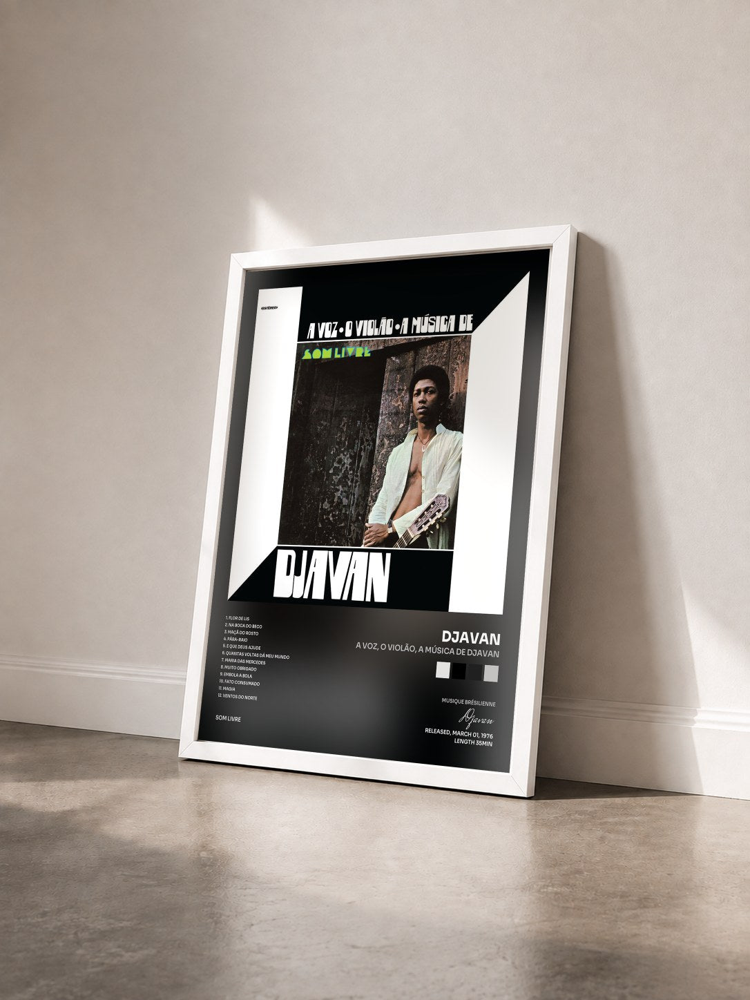 #blanc A Voz, o Violão, a Música di Djavan de Djavan in stampa incorniciata vista di tre quarti, cornice bianca