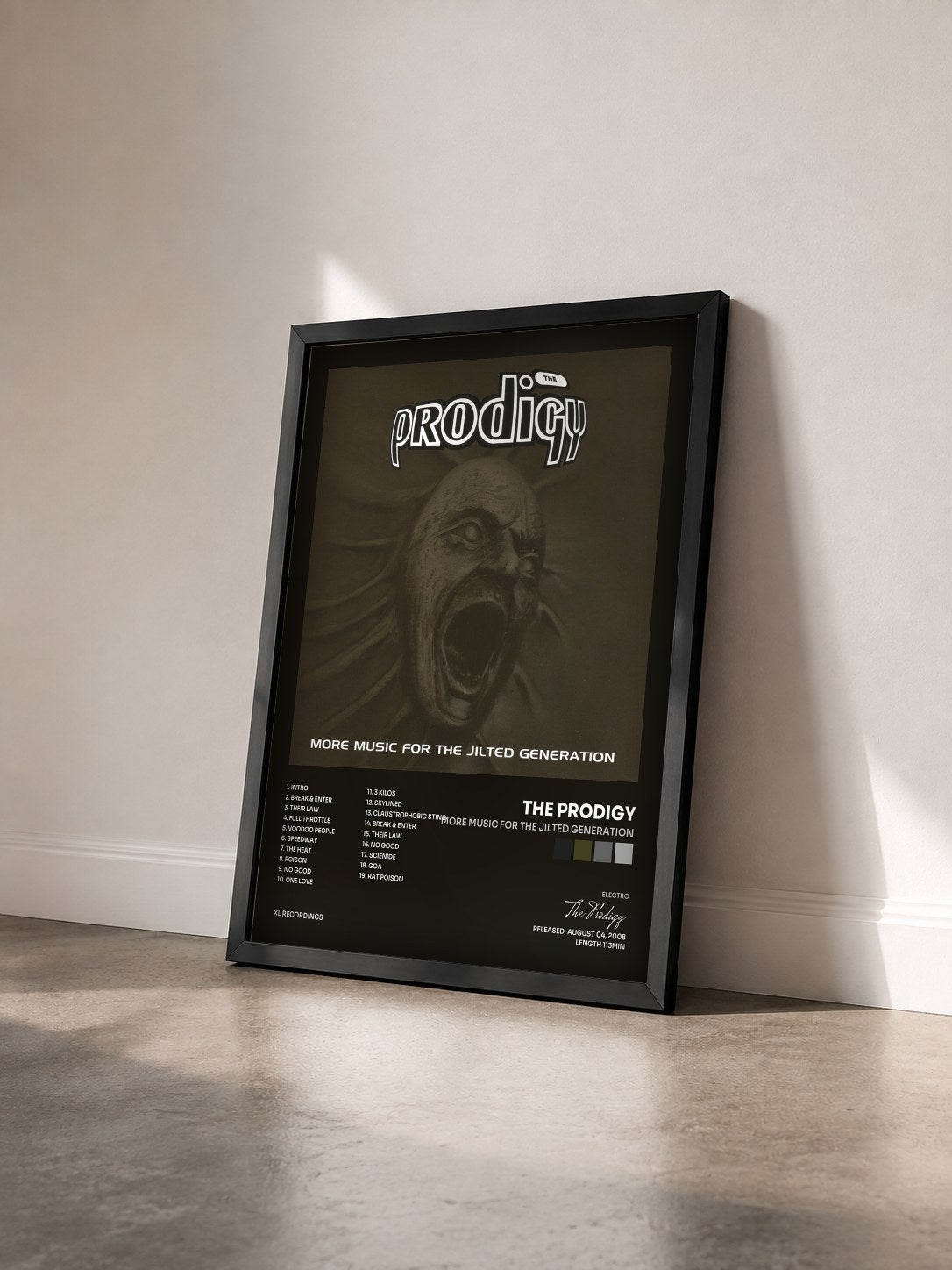#noir Tableau de l'album More Music for the Jilted Generation de The Prodigy vu de trois quarts, cadre noir