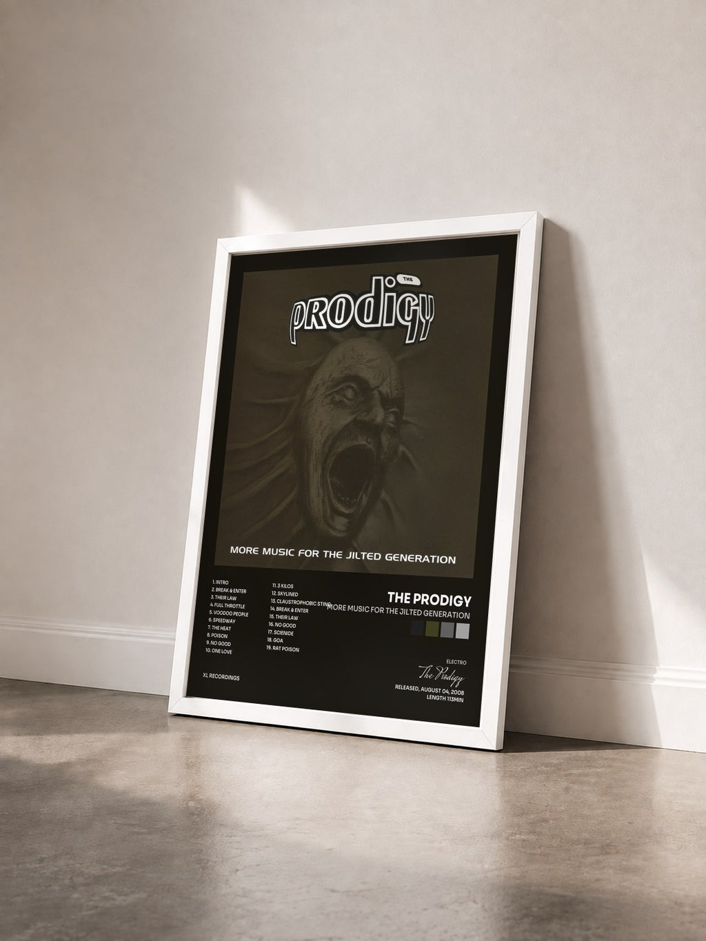 #blanc Tableau de l'album More Music for the Jilted Generation de The Prodigy vu de trois quarts, cadre blanc