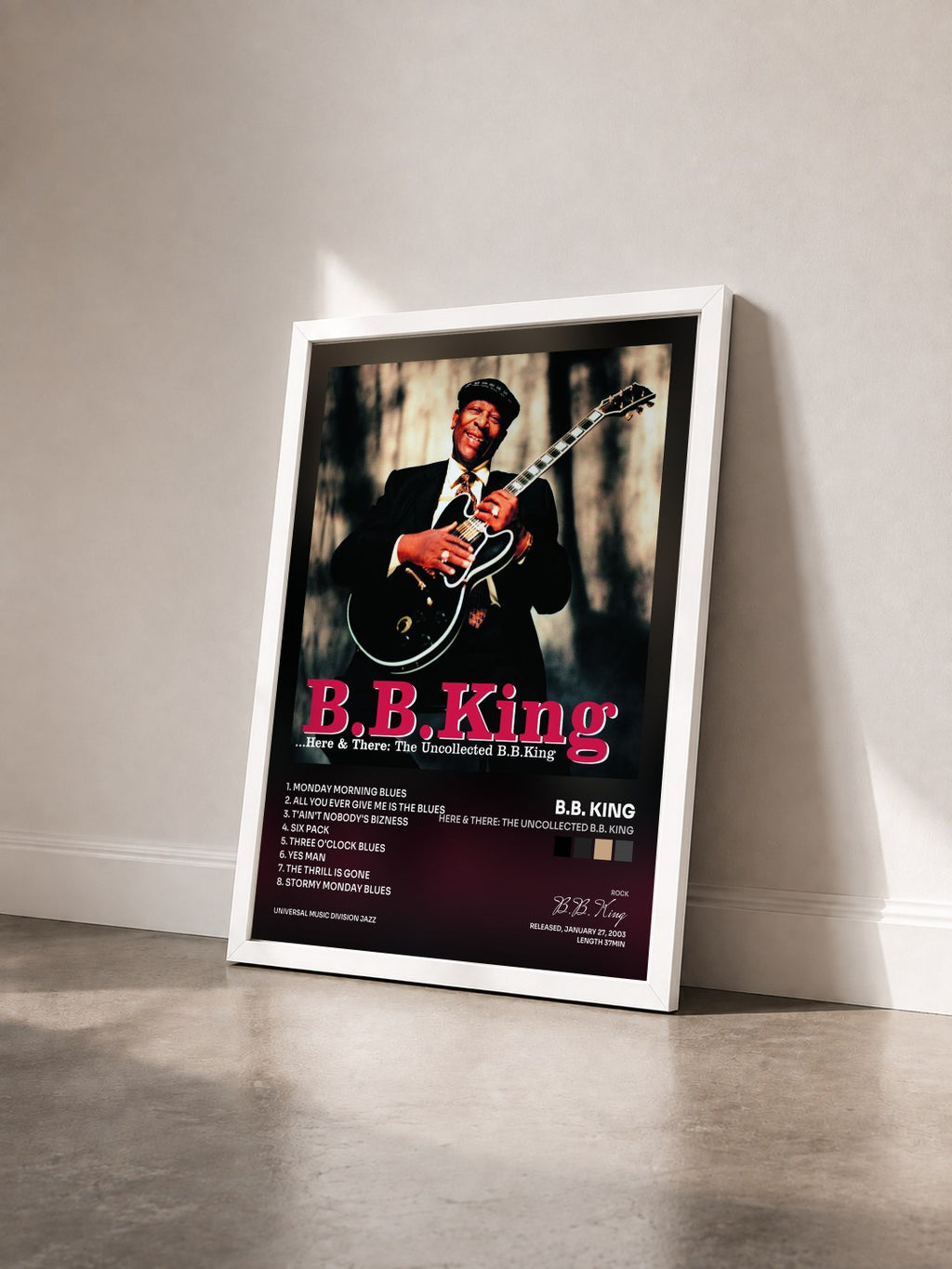 #blanc Here & There: The Uncollected B.B. King by B.B. King as a framed art print seen at an angle, white frame