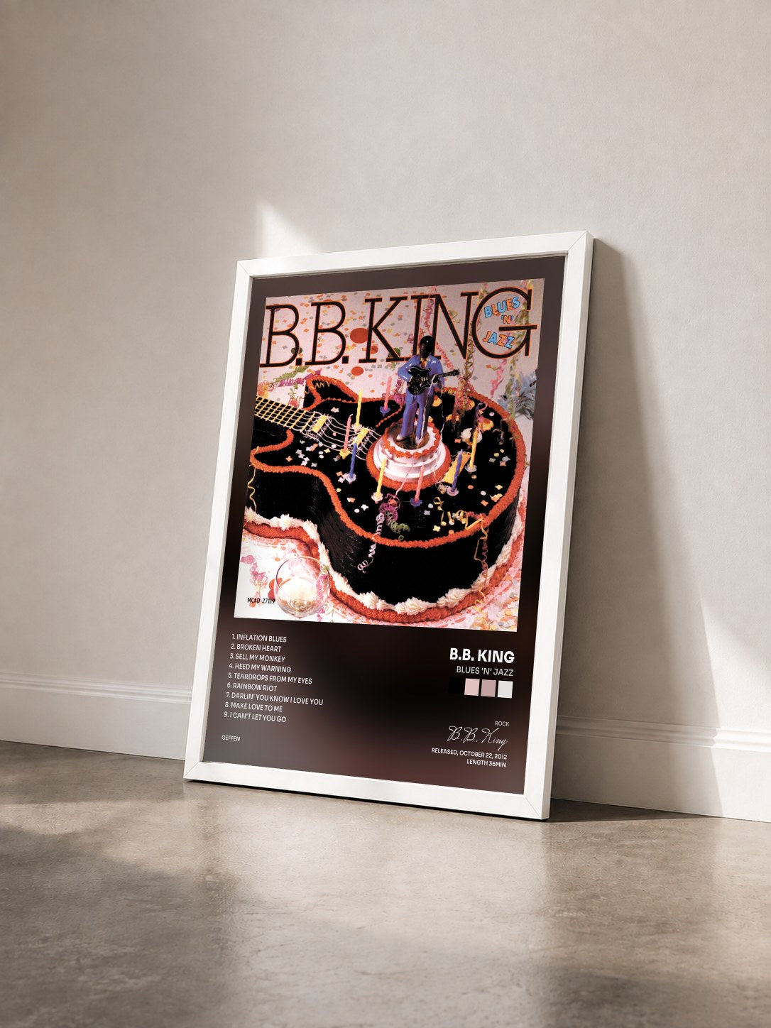 #blanc Blues 'N' Jazz de B.B. King en lámina enmarcada vista de tres cuartos, marco blanco