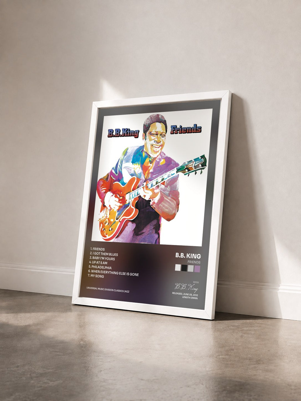 #blanc Friends de B.B. King en lámina enmarcada vista de tres cuartos, marco blanco