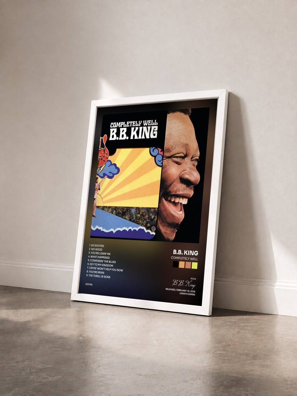 #blanc Completely Well di B.B. King in stampa incorniciata vista di tre quarti, cornice bianca