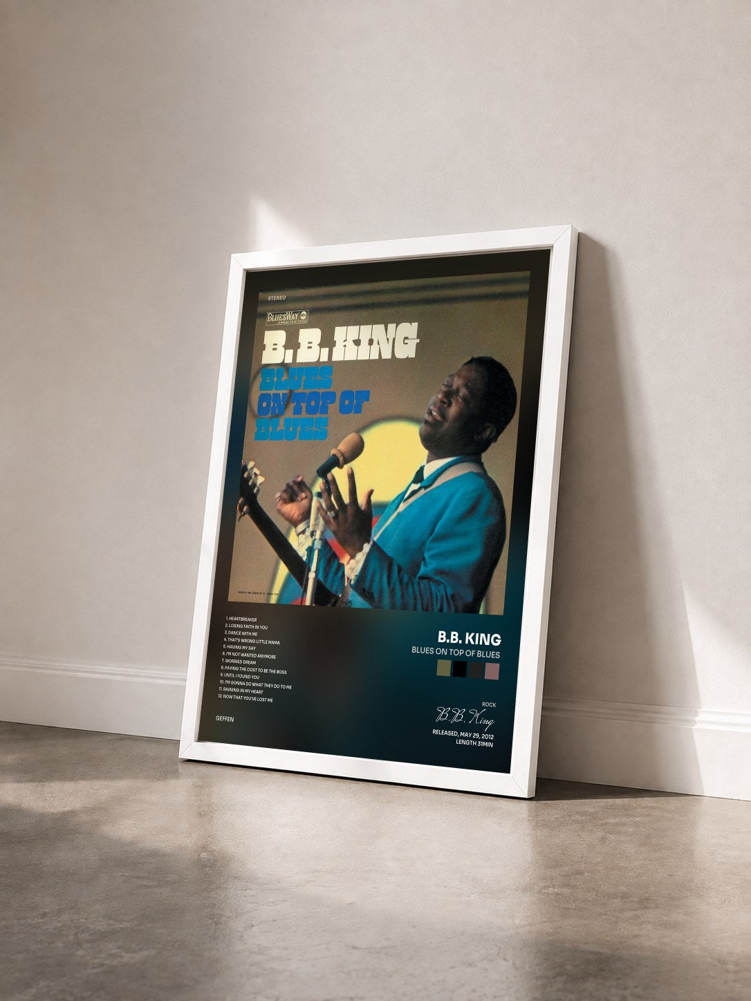 #blanc Blues On Top Of Blues de B.B. King en lámina enmarcada vista de tres cuartos, marco blanco