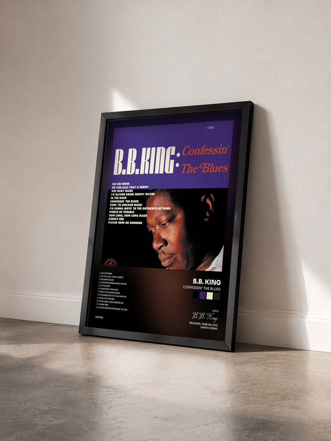#noir Confessin' The Blues de B.B. King en lámina enmarcada vista de tres cuartos, marco negro