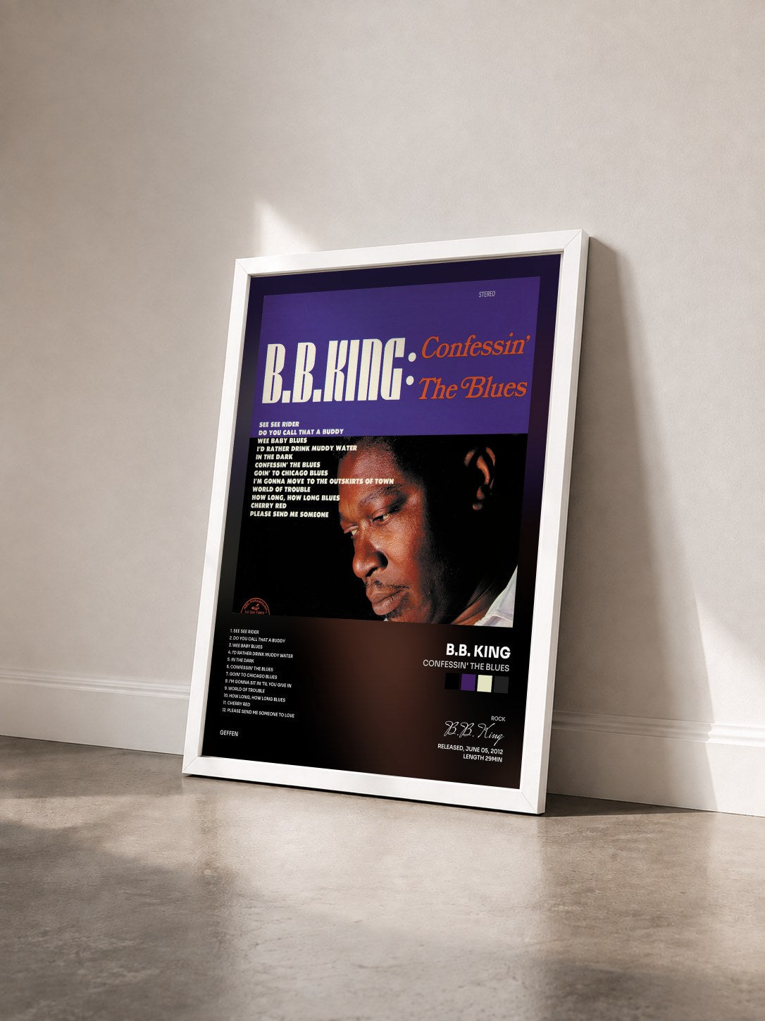 #blanc Confessin' The Blues de B.B. King en lámina enmarcada vista de tres cuartos, marco blanco