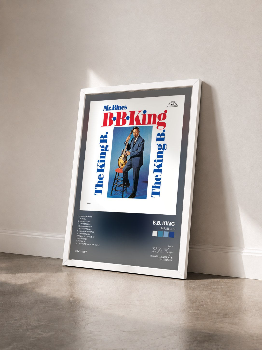 #blanc Mr. Blues by B.B. King as a framed art print seen at an angle, white frame