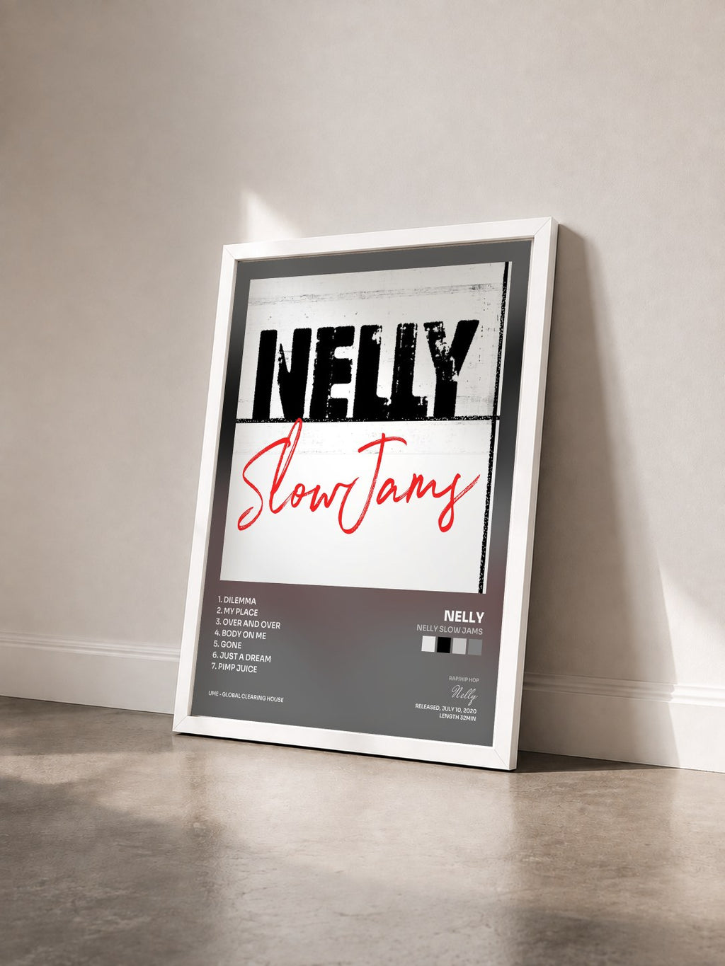 #blanc Tableau de l'album Nelly Slow Jams de Nelly vu de trois quarts, cadre blanc
