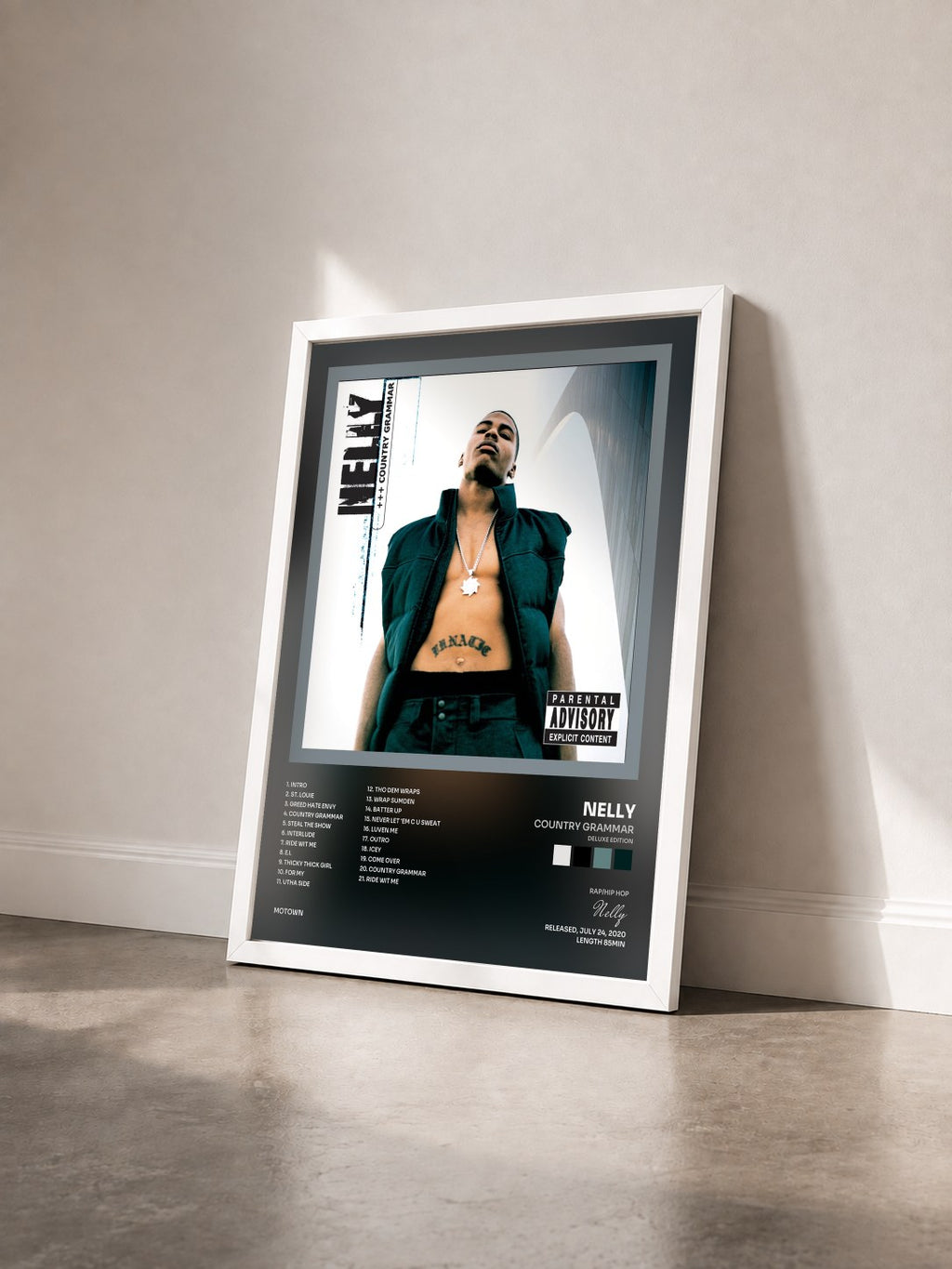 #blanc Tableau de l'album Country Grammar (Deluxe Edition) de Nelly vu de trois quarts, cadre blanc