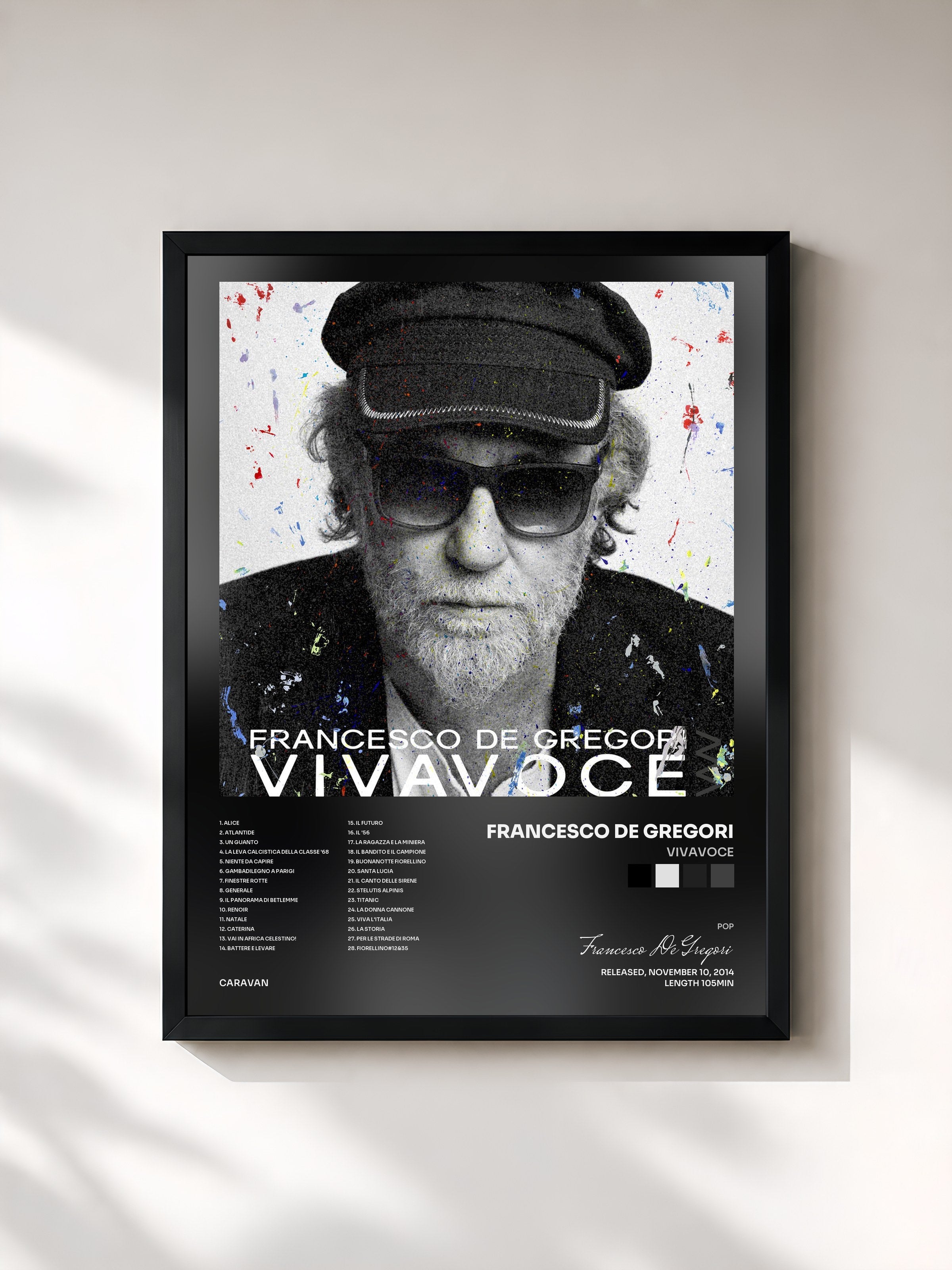 #noir Tableau de l'album Vivavoce de Francesco De Gregori, cadre noir, imprimé et encadré en France