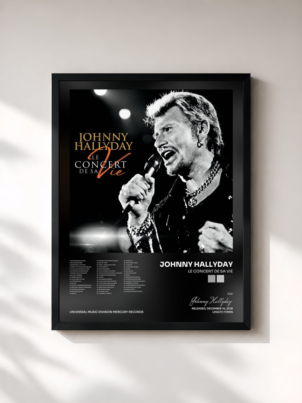 #noir Tableau de l'album Le concert de sa vie de Johnny Hallyday, cadre noir, imprimé et encadré en France