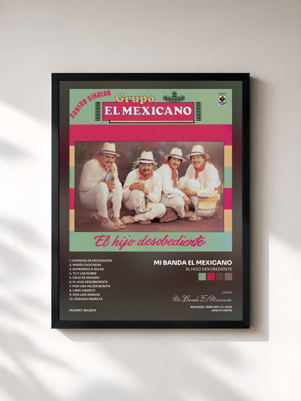 #noir Tableau de l'album El Hijo Desobediente de Mi Banda El Mexicano, cadre noir, imprimé et encadré en France