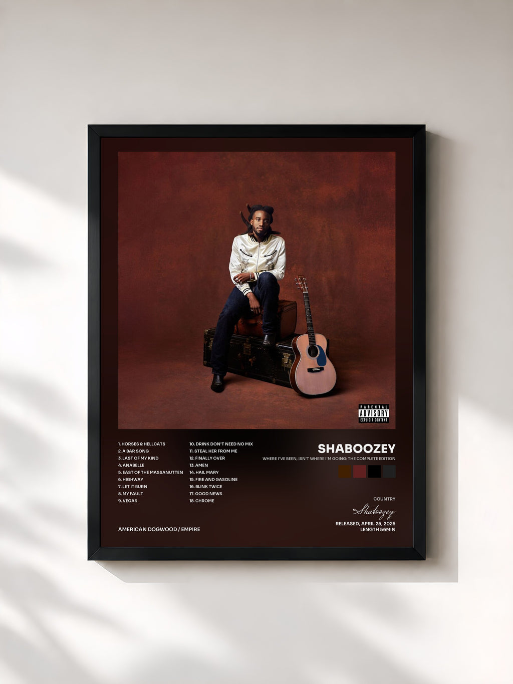 #noir Tableau de l'album Where I've Been, Isn't Where I'm Going: The Complete Edition de Shaboozey, cadre noir, imprimé et encadré en France