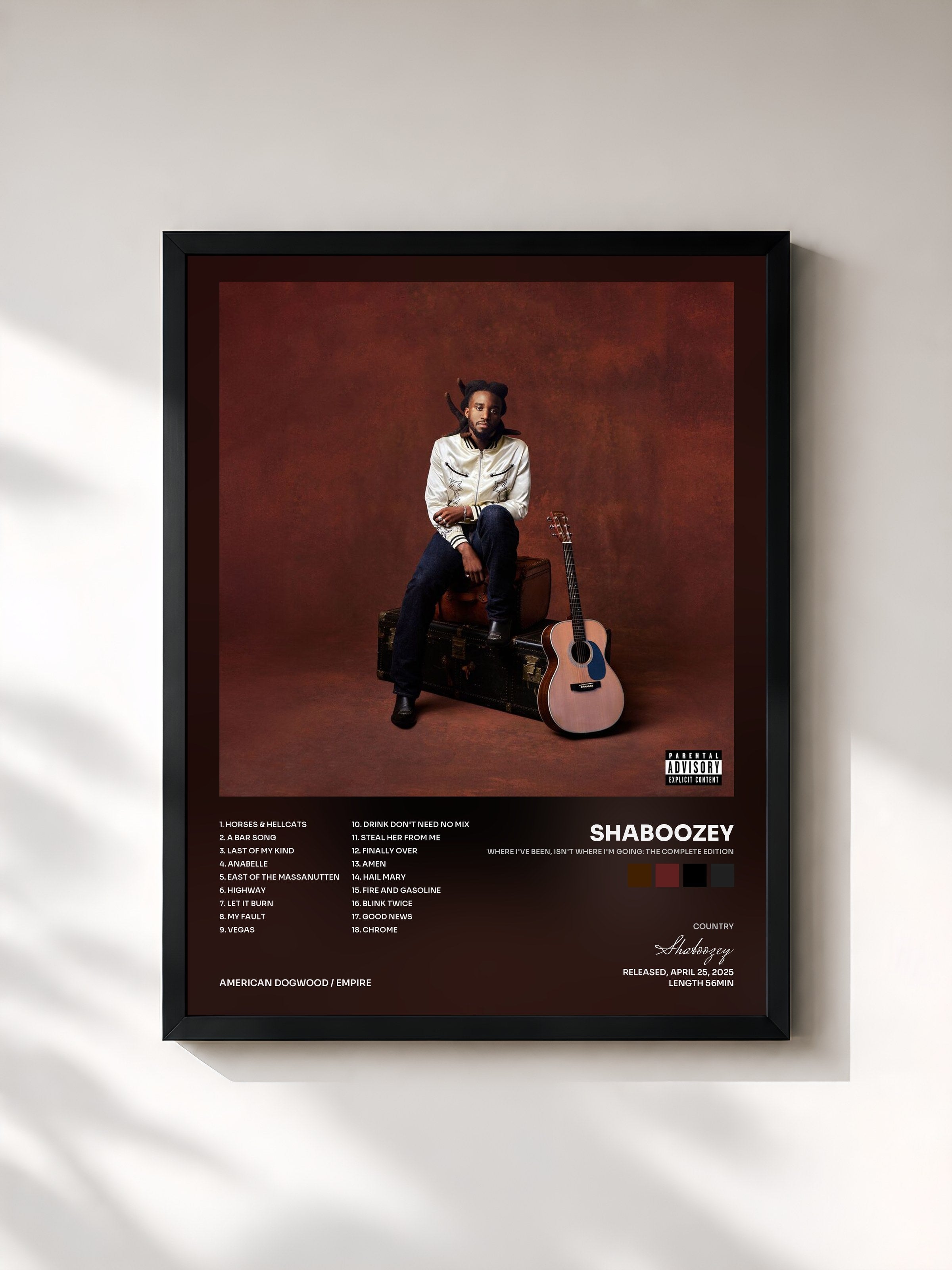 #noir Tableau de l'album Where I've Been, Isn't Where I'm Going: The Complete Edition de Shaboozey, cadre noir, imprimé et encadré en France