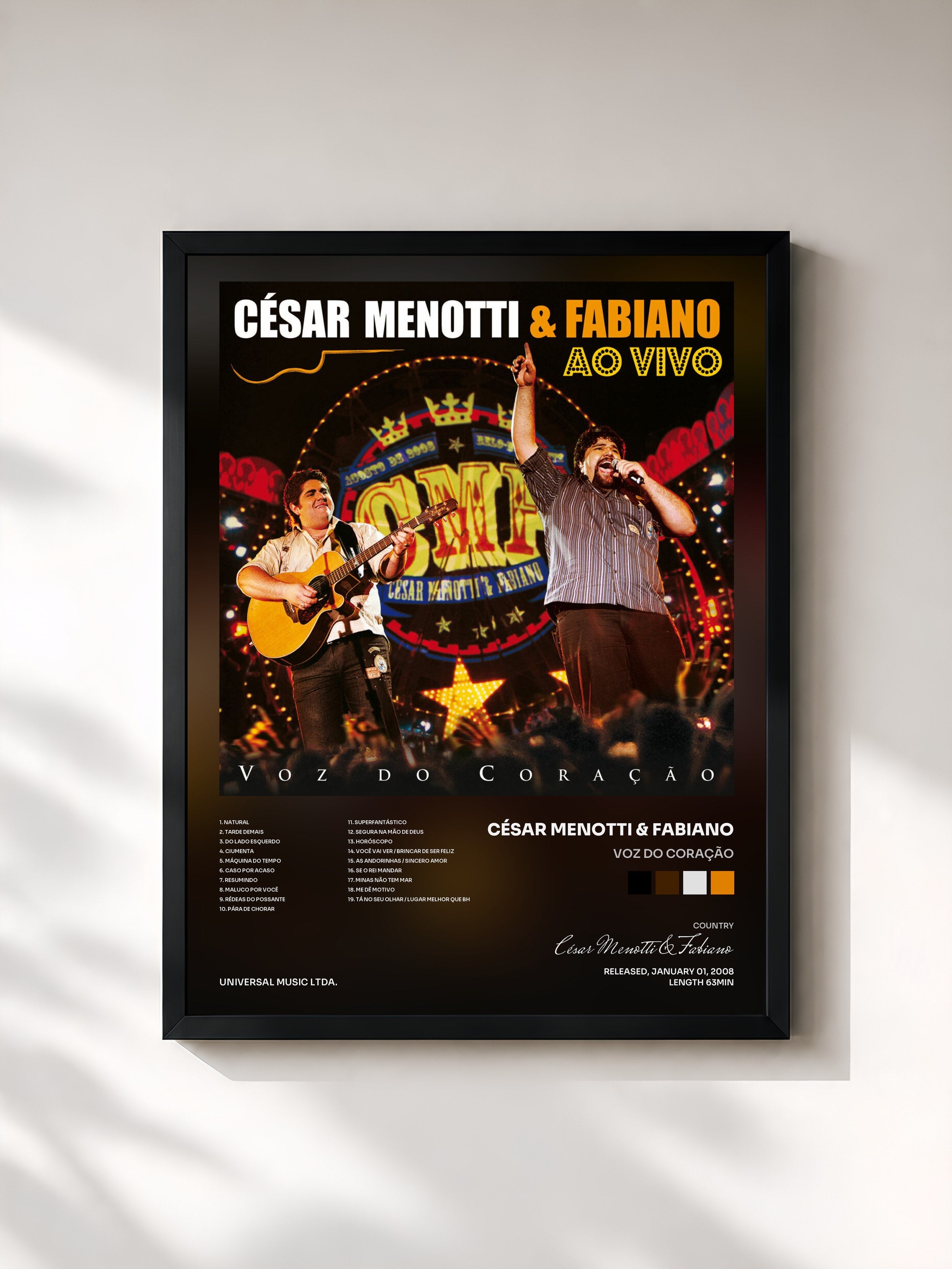 #noir Tableau de l'album Voz Do Coração de César Menotti & Fabiano, cadre noir, imprimé et encadré en France