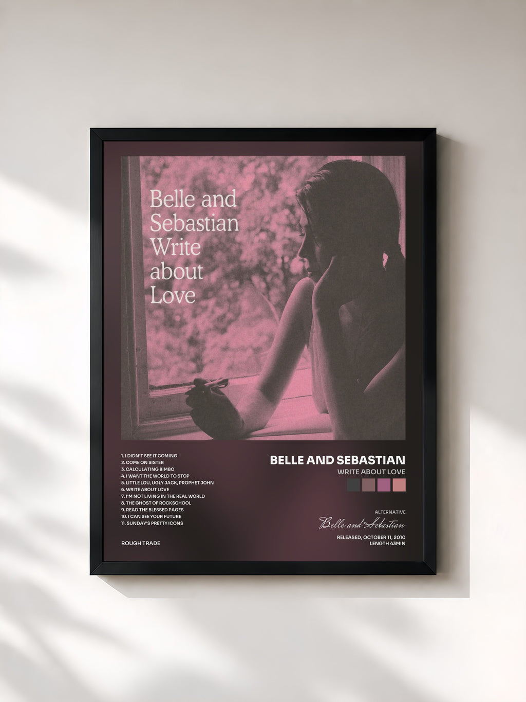#noir Tableau de l'album Write About Love de Belle and Sebastian, cadre noir, imprimé et encadré en France