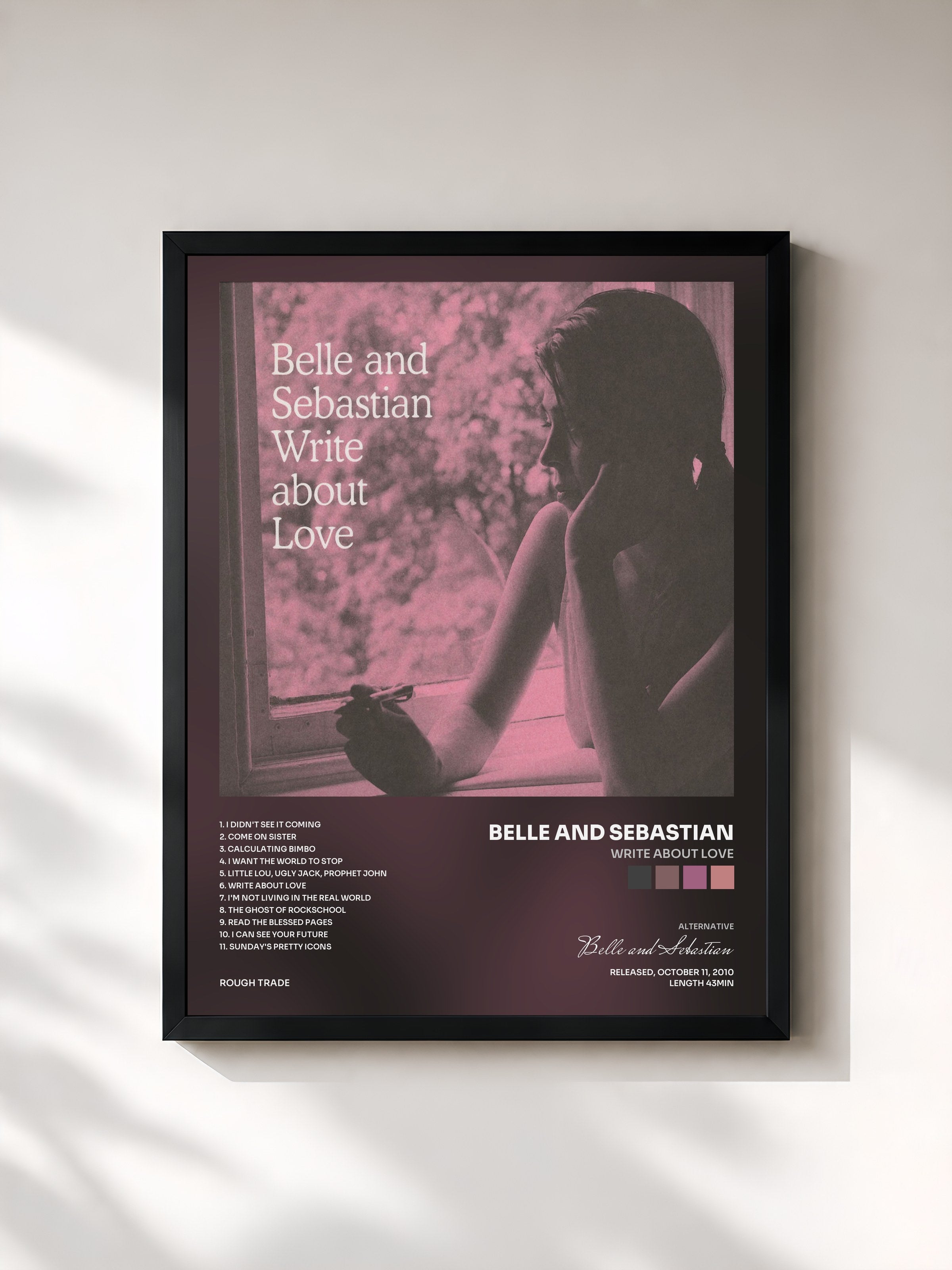 #noir Tableau de l'album Write About Love de Belle and Sebastian, cadre noir, imprimé et encadré en France