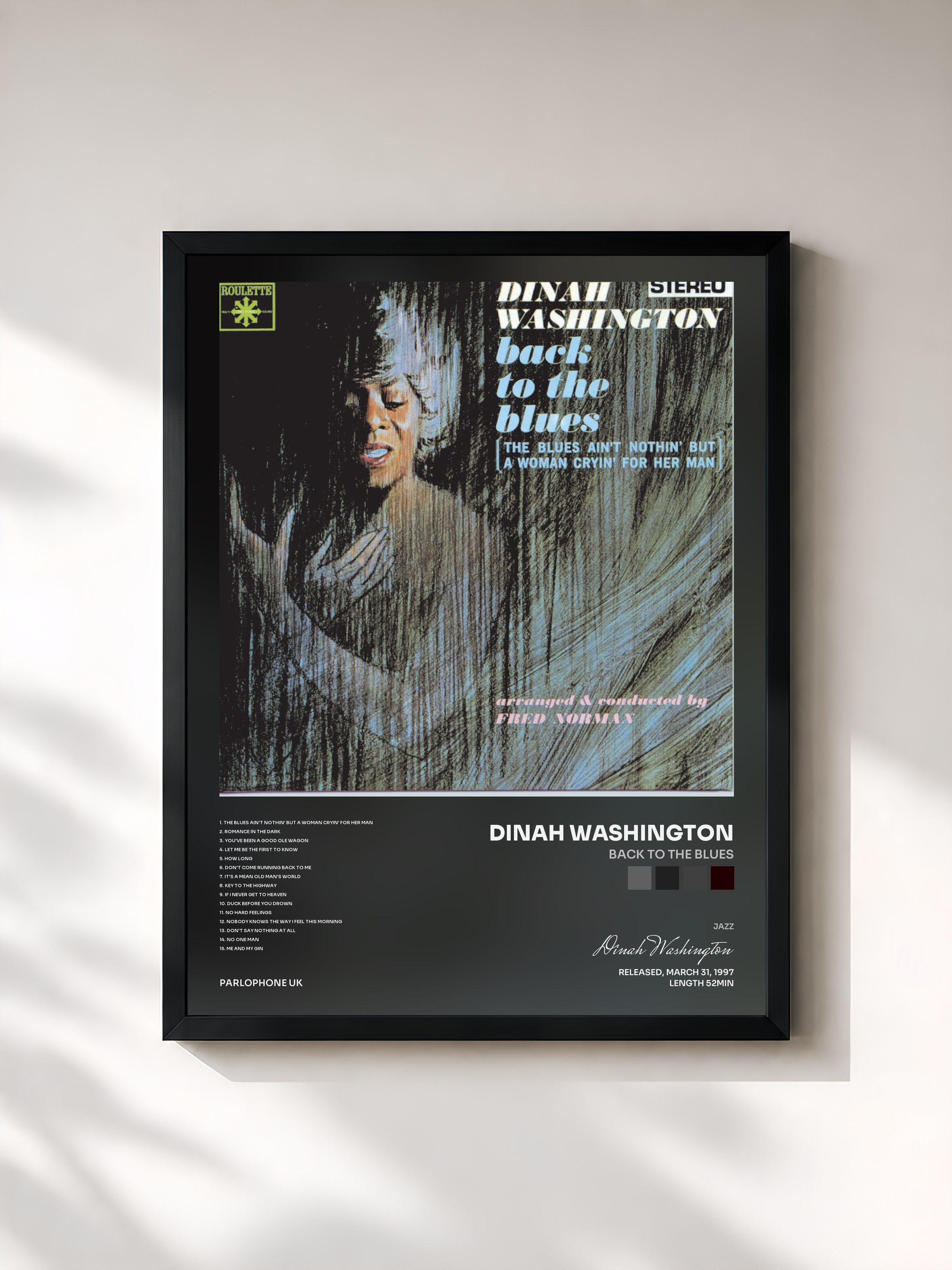 #noir Tableau de l'album Back To The Blues de Dinah Washington, cadre noir, imprimé et encadré en France