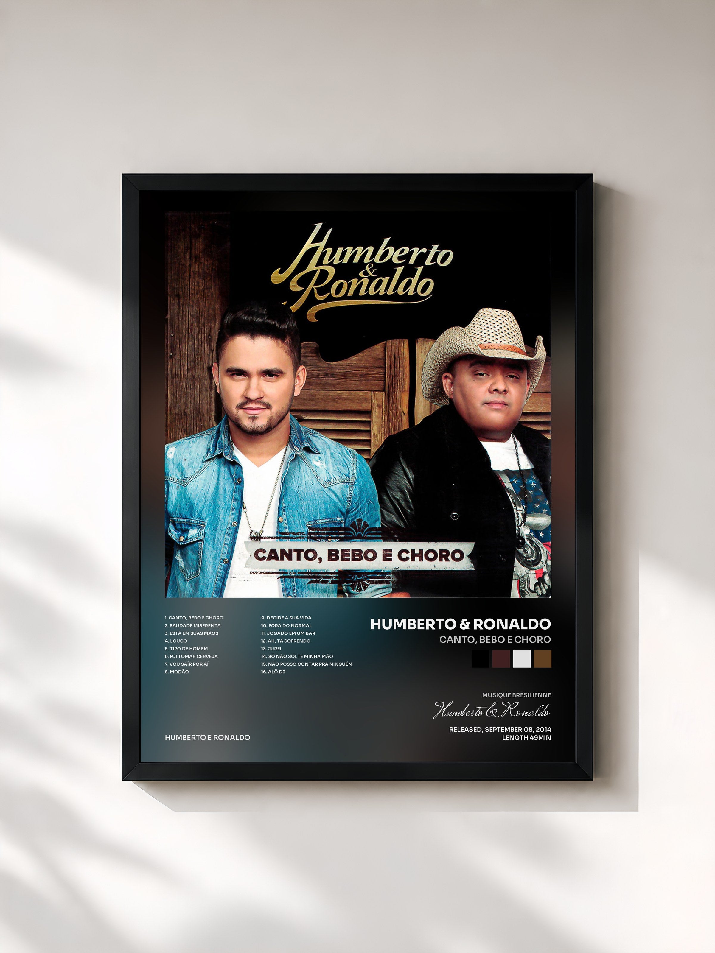 #noir Tableau de l'album Canto, Bebo e Choro de Humberto & Ronaldo, cadre noir, imprimé et encadré en France