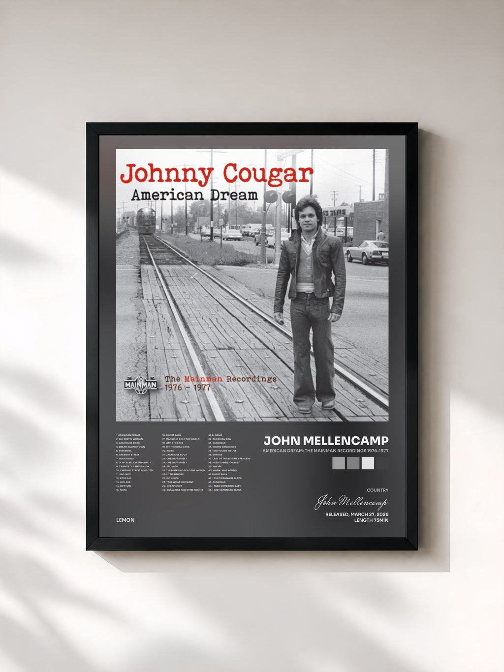 #noir Tableau de l'album American Dream: The Mainman Recordings 1976-1977 de John Mellencamp, cadre noir, imprimé et encadré en France