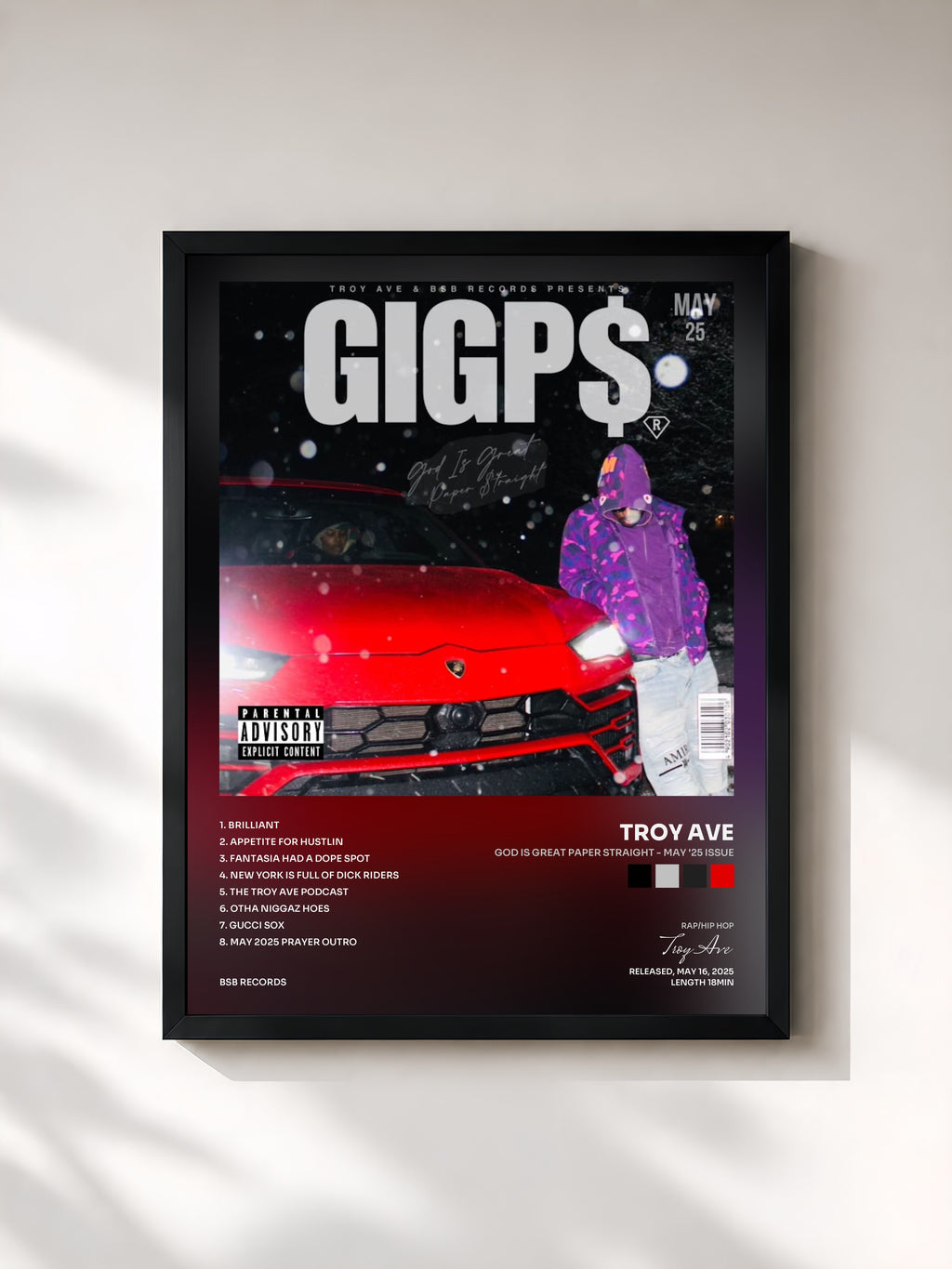 #noir Tableau de l'album GOD IS GREAT PAPER STRAIGHT - MAY '25 ISSUE de Troy Ave, cadre noir, imprimé et encadré en France