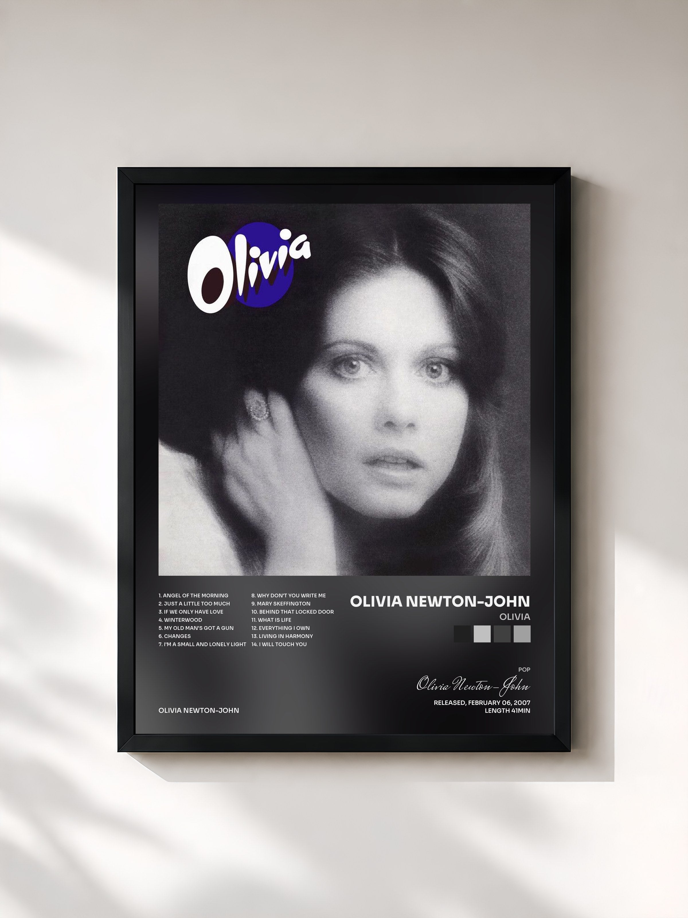 #noir Tableau de l'album Olivia de Olivia Newton-John, cadre noir, imprimé et encadré en France