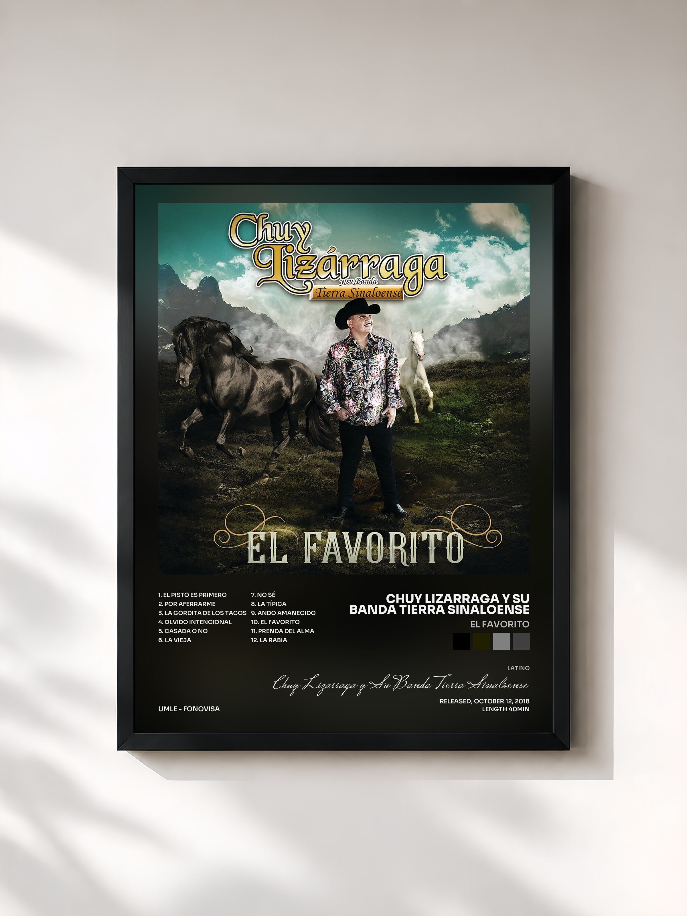 #noir Tableau de l'album El Favorito de Chuy Lizarraga y Su Banda Tierra Sinaloense, cadre noir, imprimé et encadré en France