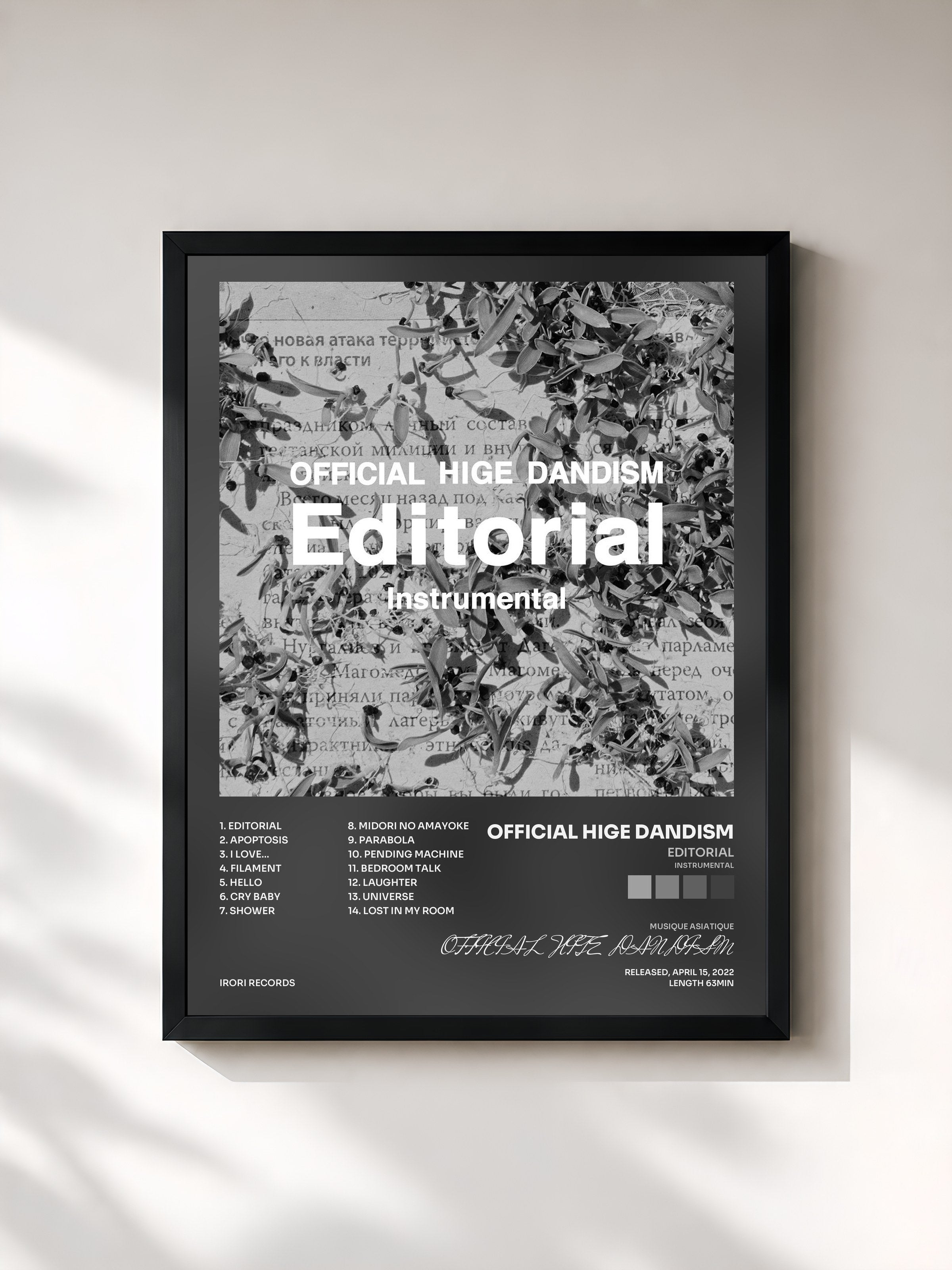 #noir Tableau de l'album Editorial (Instrumental) de OFFICIAL HIGE DANDISM, cadre noir, imprimé et encadré en France