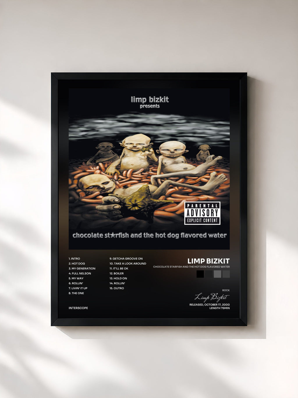 #noir Tableau de l'album Chocolate Starfish And The Hot Dog Flavored Water de Limp Bizkit, cadre noir, imprimé et encadré en France
