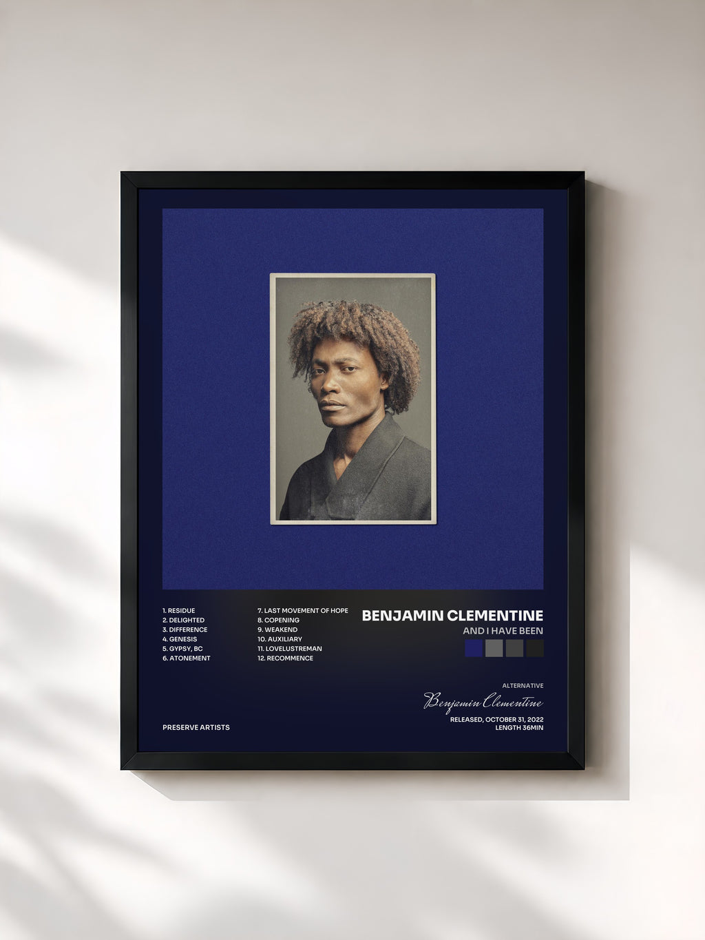 #noir Tableau de l'album And I Have Been de Benjamin Clementine, cadre noir, imprimé et encadré en France