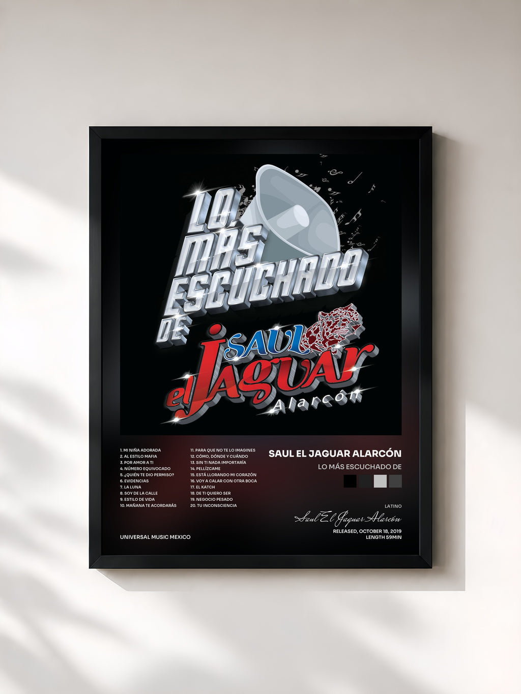 #noir Tableau de l'album Lo Más Escuchado De de Saul El Jaguar Alarcón, cadre noir, imprimé et encadré en France