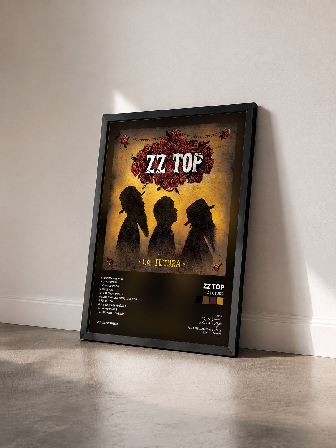 #noir Tableau de l'album La Futura de ZZ Top vu de trois quarts, cadre noir