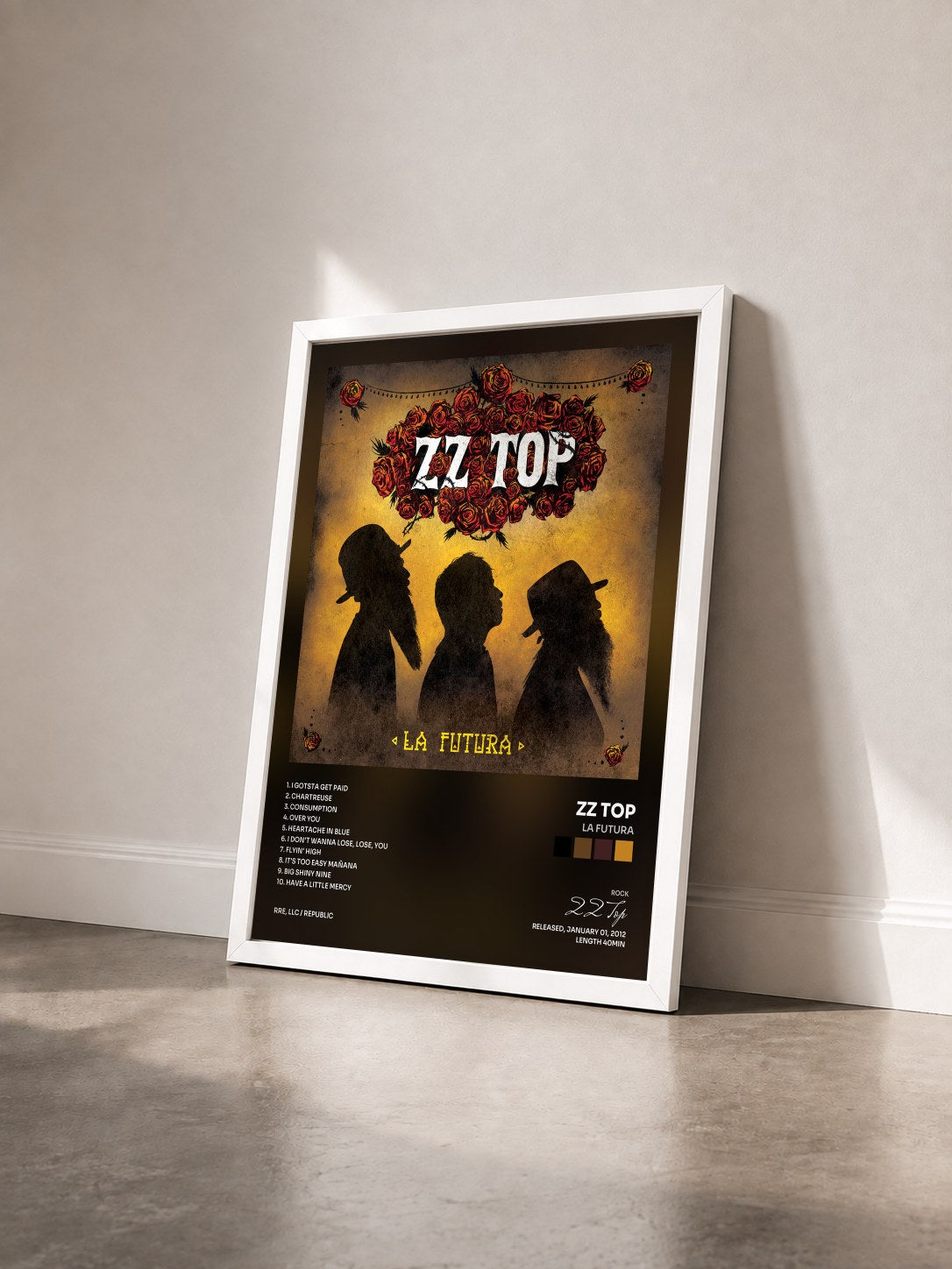 #blanc Tableau de l'album La Futura de ZZ Top vu de trois quarts, cadre blanc