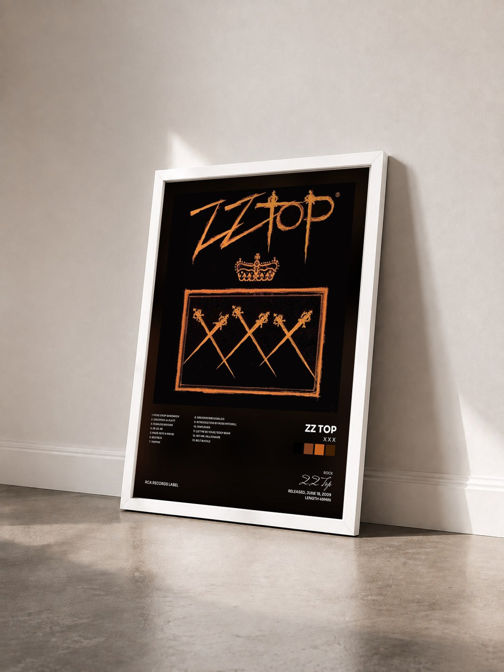 #blanc X X X by ZZ Top as a framed art print seen at an angle, white frame