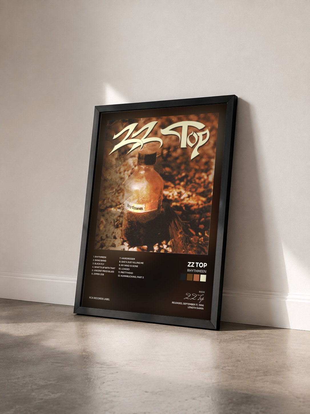#noir Tableau de l'album Rhythmeen de ZZ Top vu de trois quarts, cadre noir
