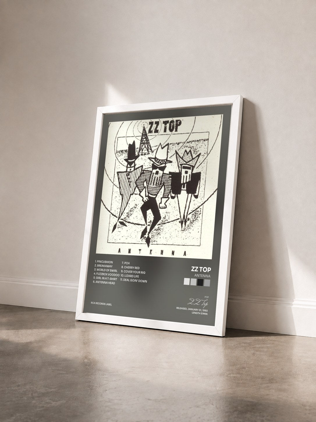 #blanc Tableau de l'album Antenna de ZZ Top vu de trois quarts, cadre blanc